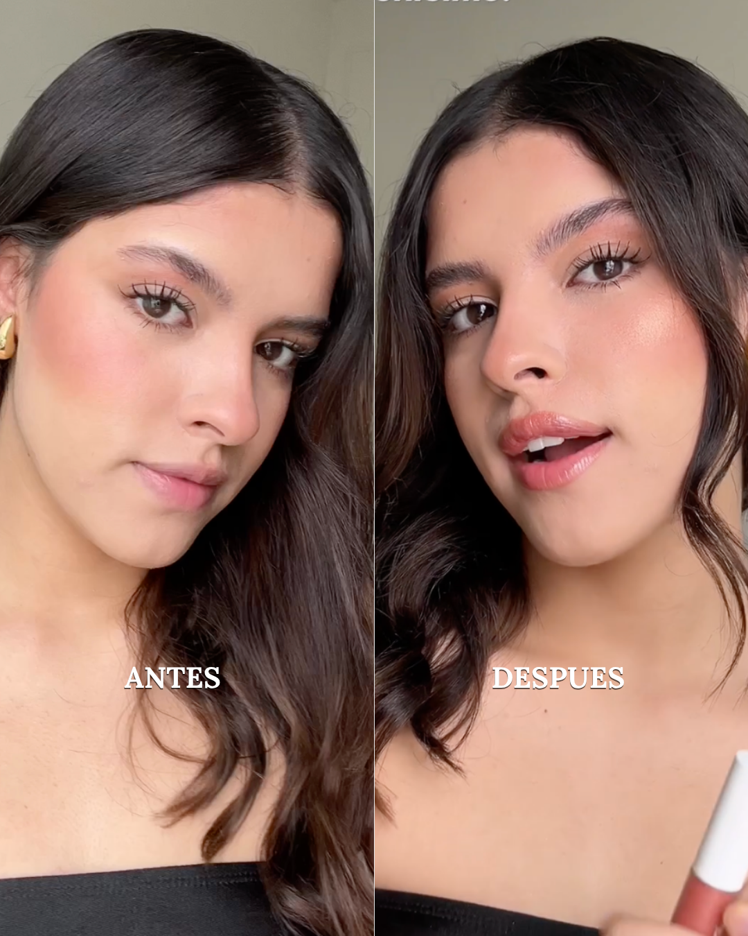 duo de lapiz delineador de acai y lipbalm chilli ere perez para labios en modelo mostrando el antes y despues efecto glow