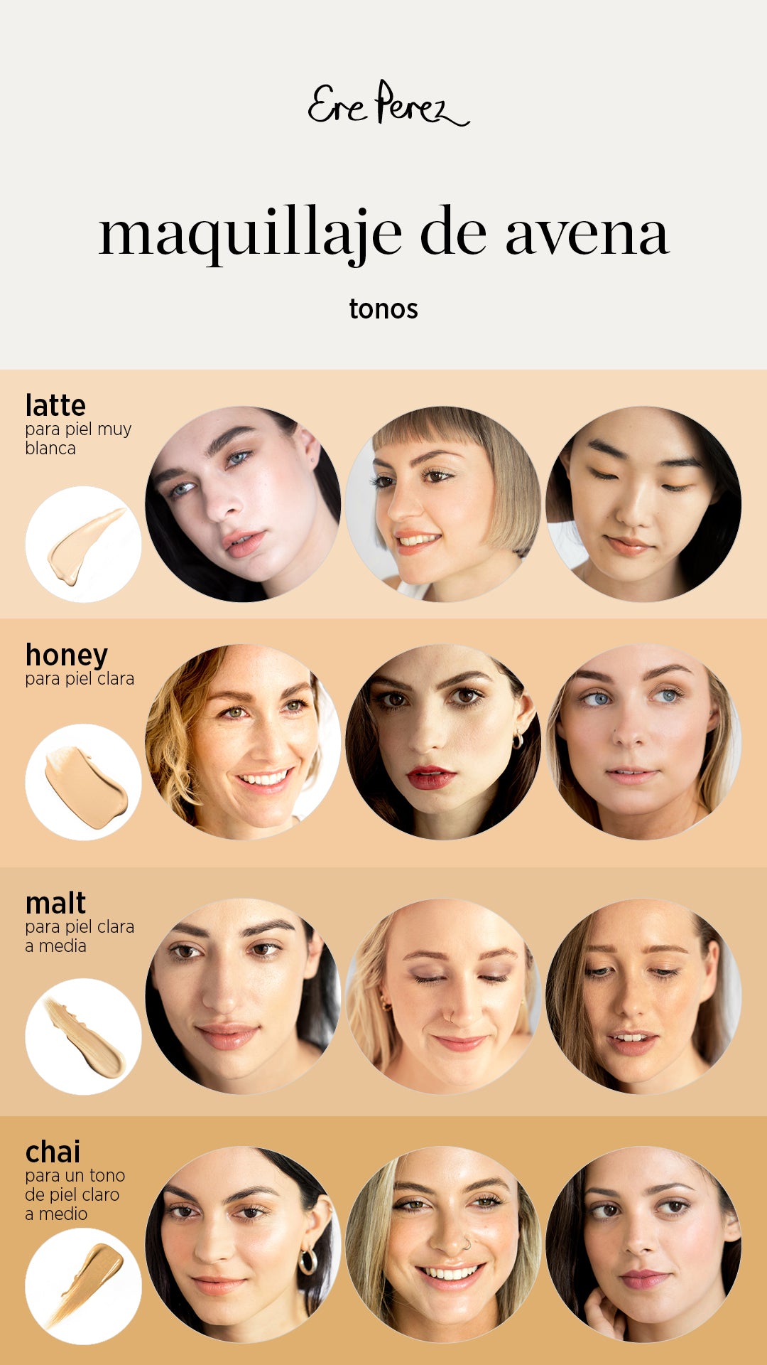 tonalidades de maquillaje de avena ere perez se acuerdo al color de la piel de fotografias femeninas