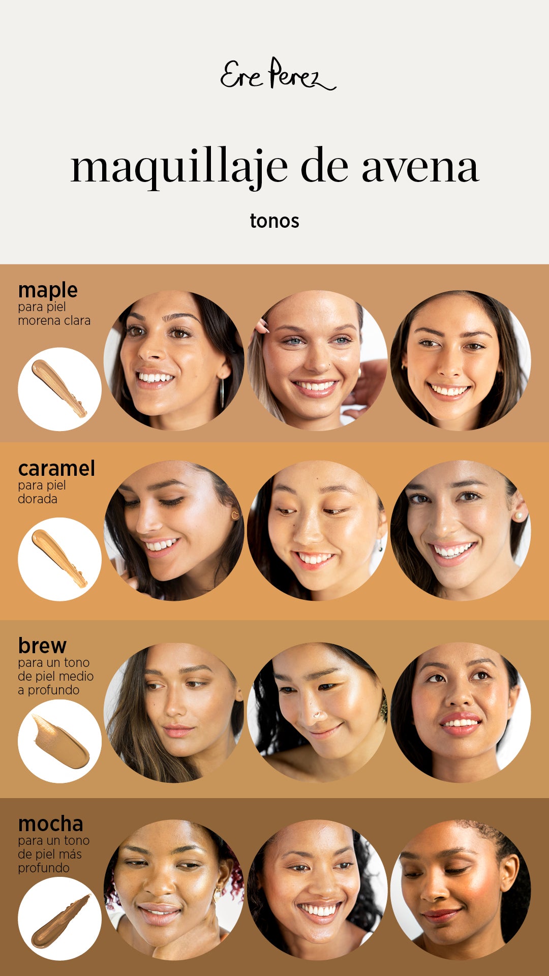 tonalidades de maquillaje de avena ere perez se acuerdo al color de la piel de fotografias femeninas