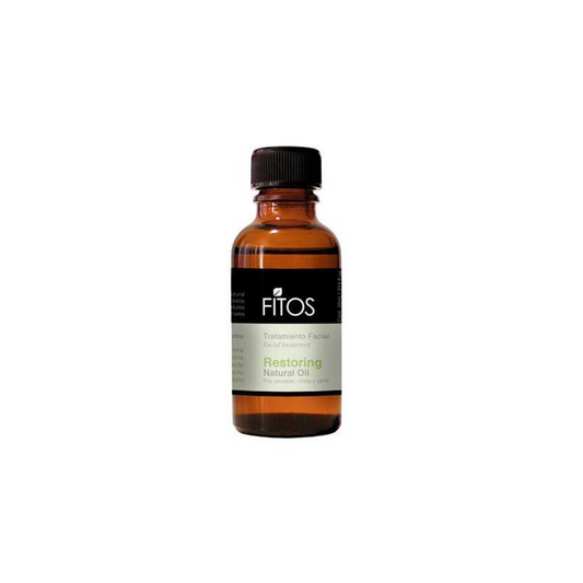 vista frontal de envase de vidrio en tono ambar del restoring natural oil de fitos en fondo blanco