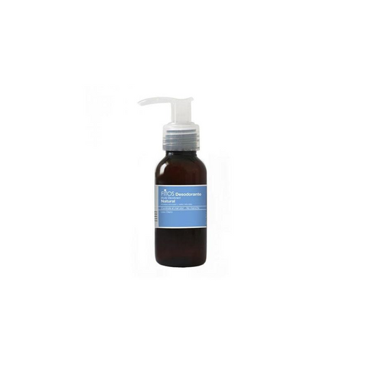 vista frontal de botella de plastico color ambar del desodorante en gel de fitos en fondo blanco disponible en blumma