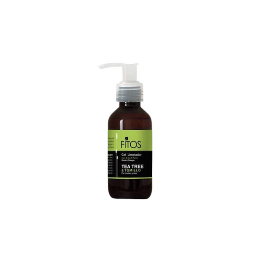 vista frontal de botella de plastico color ambar del gel limpiador de tea tree y tomillo de fitos en fondo blanco disponible en blumma