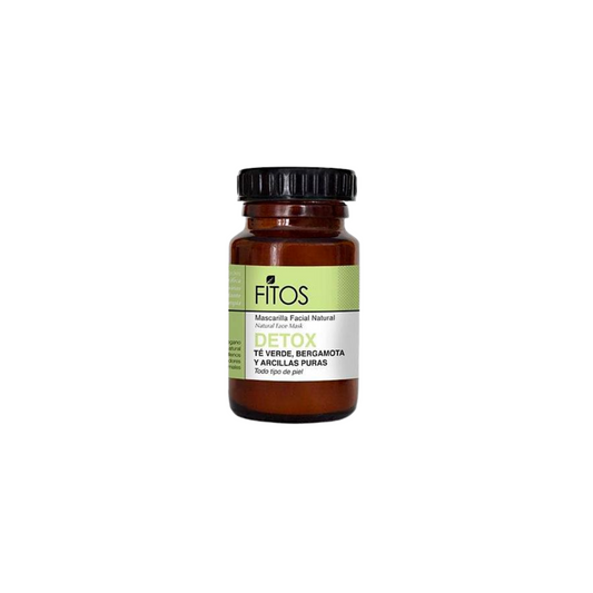 vista frontal de envase de vidrio en tono ambar de la mascarilla facial en polvo detox fitos en fondo blanco