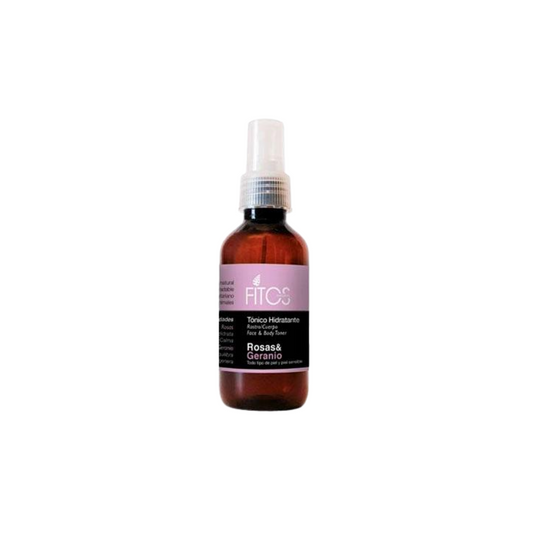 vista frontal de botella de plastico color ambar de tonico hidratante rosas y geranio de fitos en fondo blanco disponible en blumma