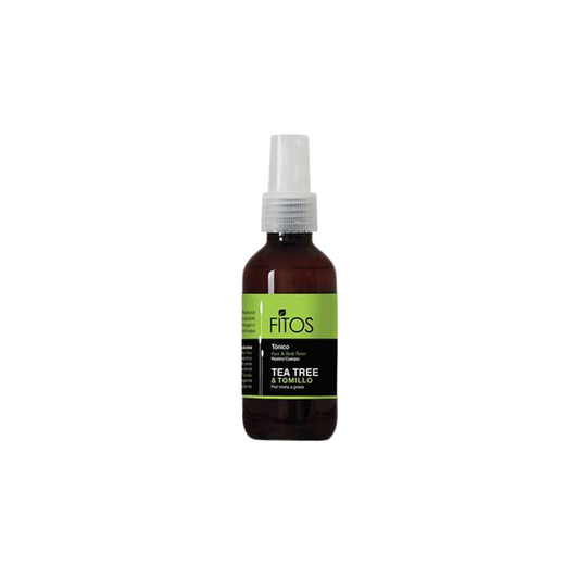 vista frontal de botella de plastico color ambar de tonico tea tree y tomillo de fitos en fondo blanco disponible en blumma