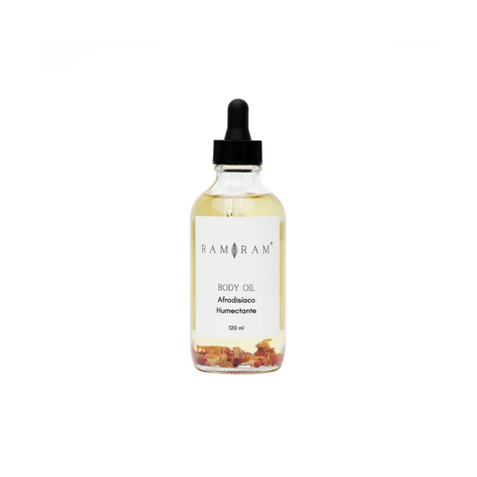 vista frontal de envase de vidrio transparente con aplicador de gotero del aceite corporal con aromaterapia afrodisiaco humectante ram ram en fondo blanco