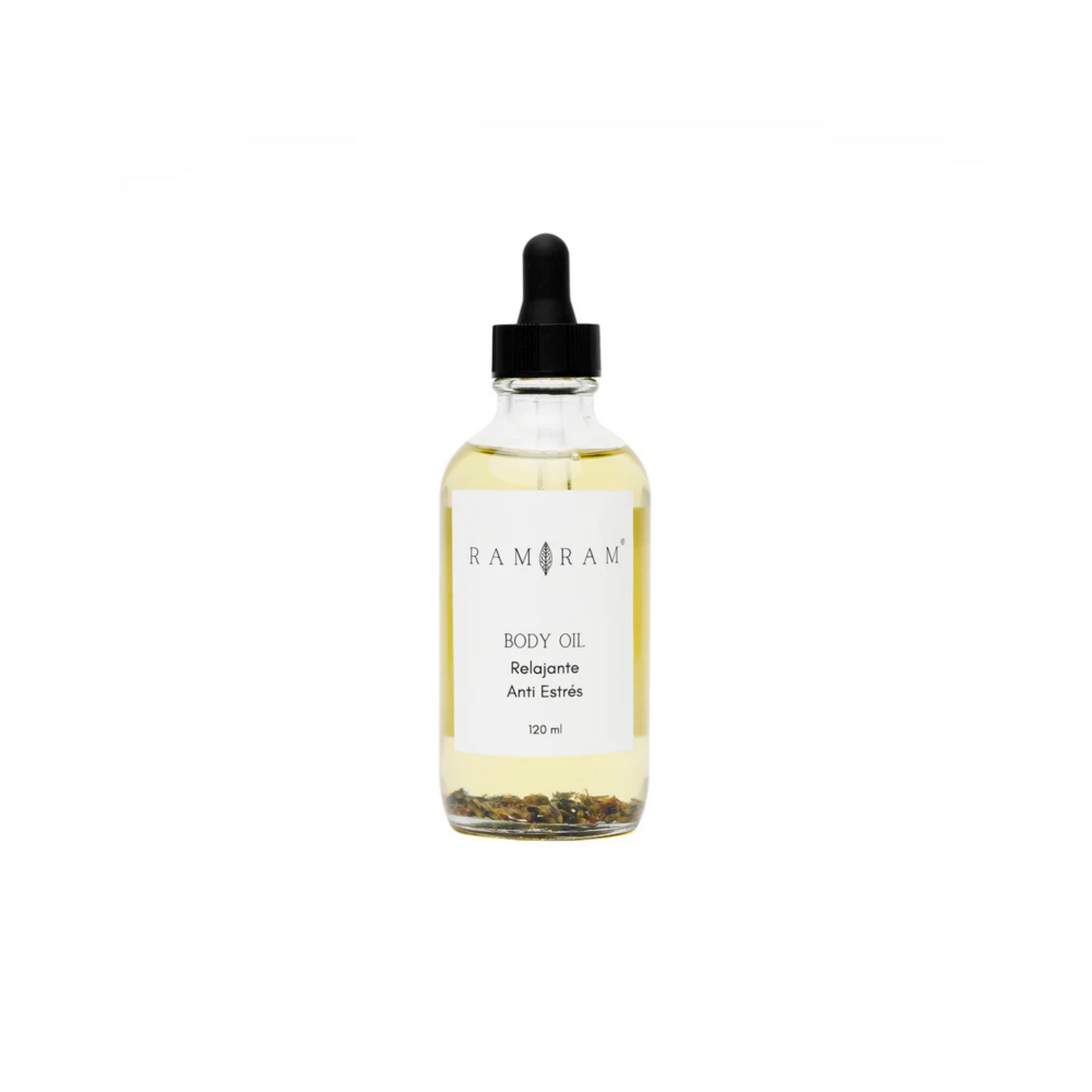 vista frontal de envase de vidrio transparente con aplicador de gotero del aceite corporal con aromaterapia relajante antiestres ram ram en fondo blanco