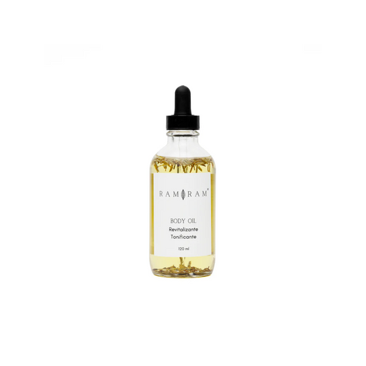 vista frontal de envase de vidrio transparente con aplicador de gotero del aceite corporal con aromaterapia revitalizante tonificante ram ram en fondo blanco