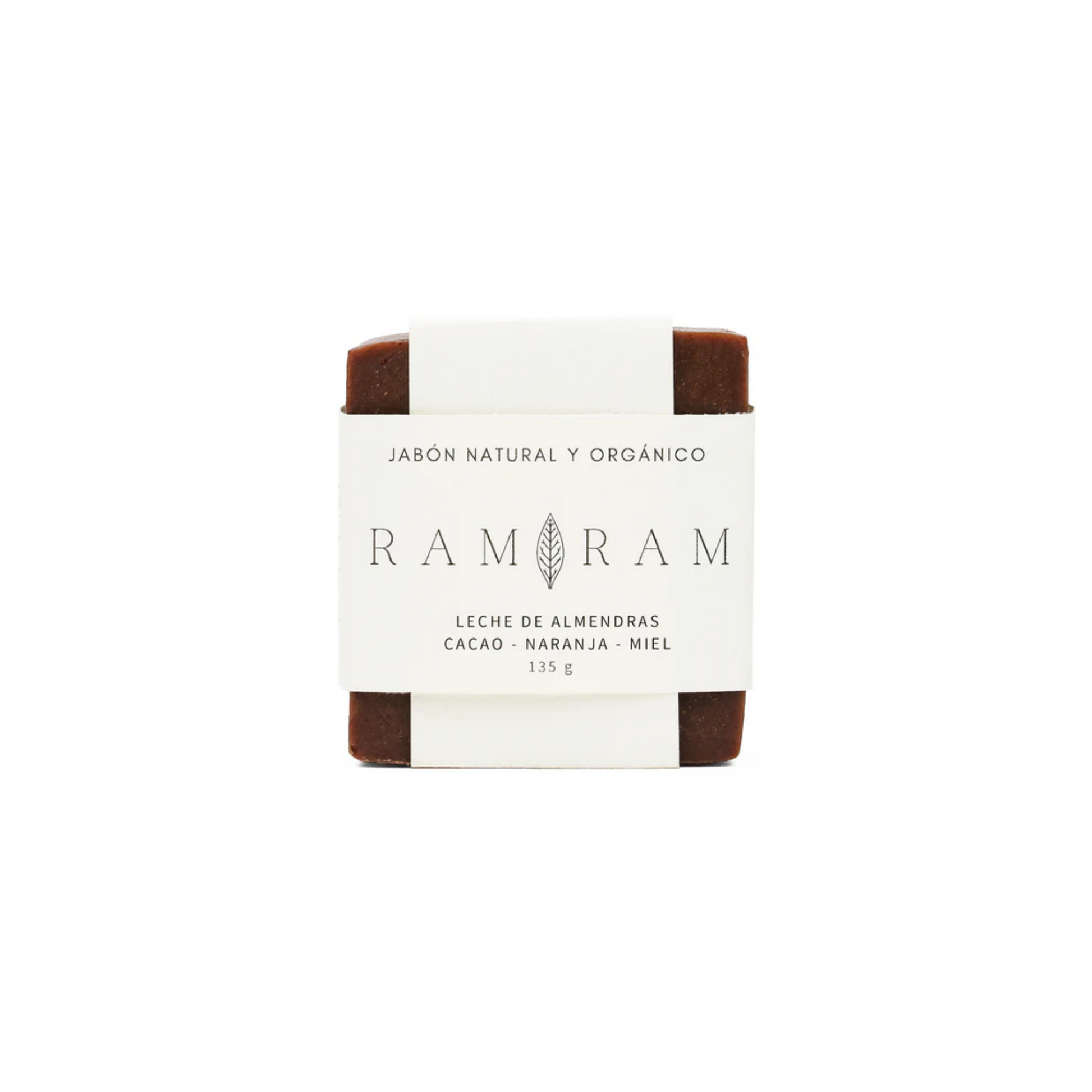 jabón solido corporal 135 gramos de cacao con leche de almendras y miel de abeja marca RAM RAM disponible en Blumma