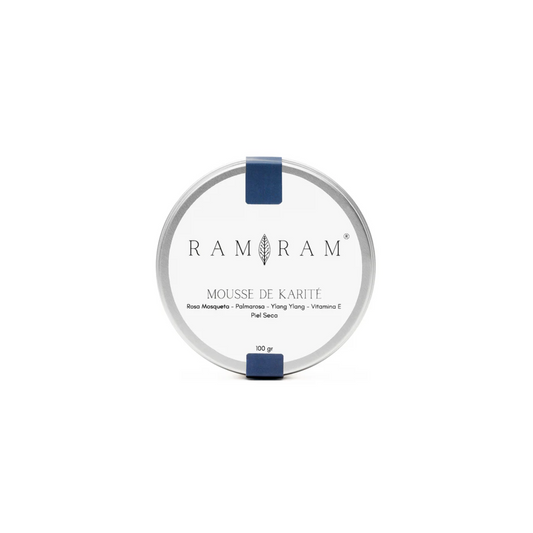 vista frontal de envase de aluminio del mousse de karite de ram ram en fondo blanco