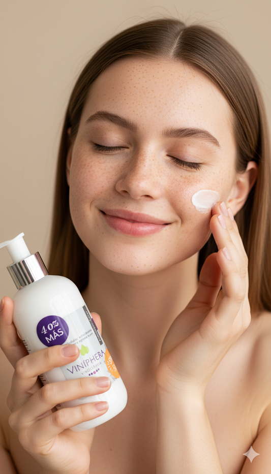 modelo sosteniendo el envase de plastico transparente del protector solar de viniphera disponible en blumma